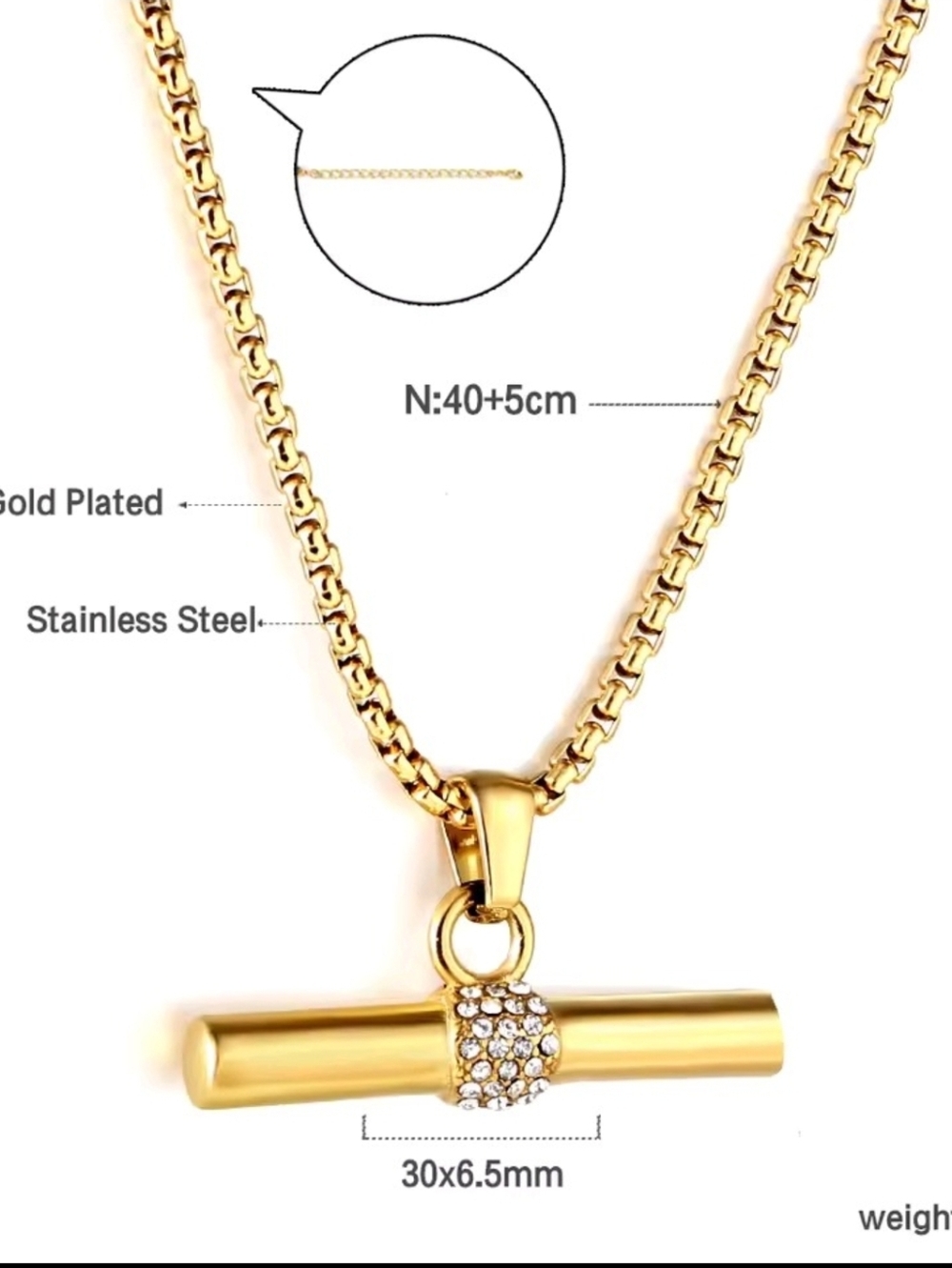 Gold Bar Pendant Necklace with Crystal Accent - Picture 2 of 6